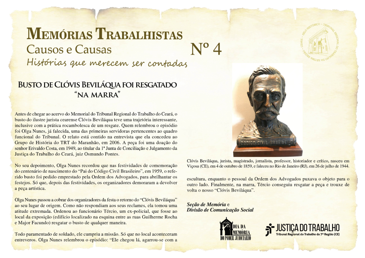 Você está visualizando atualmente Memórias Trabalhistas nº 4: Busto de Clóvis Beviláqua foi resgatado “na marra”