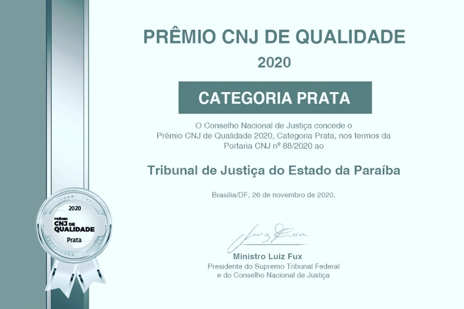 Você está visualizando atualmente Tribunal de Justiça da Paraíba é premiado com Selo Prata de Qualidade pelo CNJ