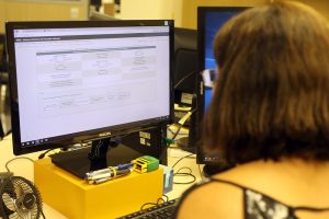 Foto mostra mulher, sentada e de costas para a foto, utilizando o SEEU em um computador.