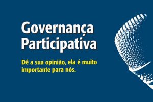 Foto de microfone sobre um fundo azul. Texto: Governança Participativa. Dê a sua opinião, ela é muito importante para nós.