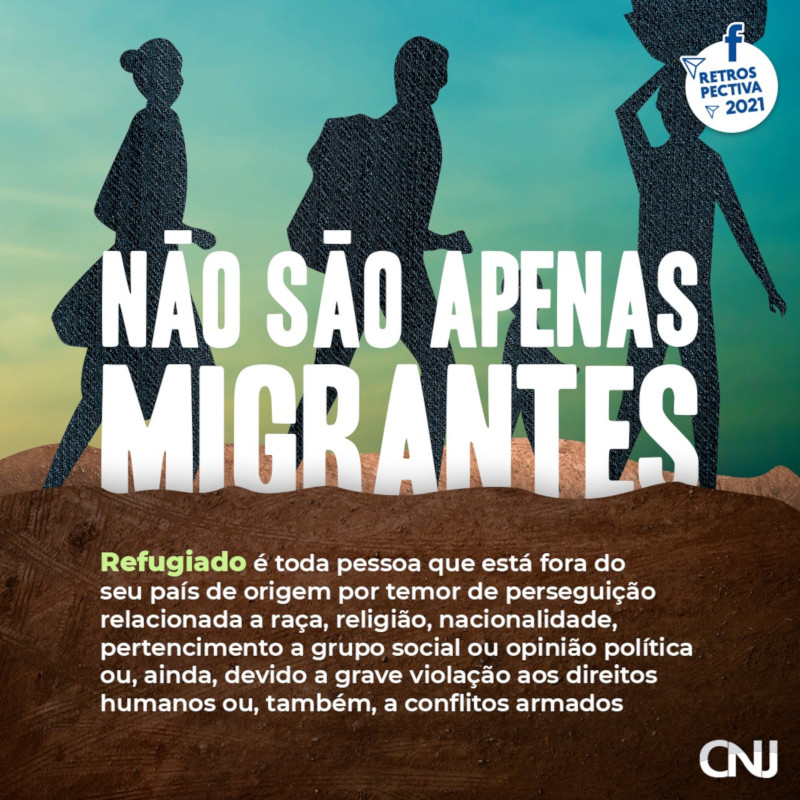 Silhueta de pessoas caminhando pela terra carregando sacola na cabeça e mochilas nas costas. Texto: Não são apenas migrantes. Refugiado é toda pessoa que está fora do seu país de origem por fundado temor de perseguição relacionada a raça, religião, nacionalidade, pertencimento a grupo social ou opinião política ou, ainda, devido a grave violação aos direitos humanos ou, também, a conflitos armados. Retrospectiva 2021.