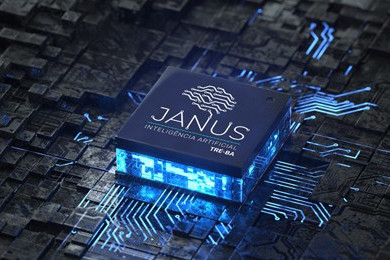Imagem de um chip iluminado por baixo. Sobre ele, o texto Janus. Inteligência Artificial. TRE-BA.