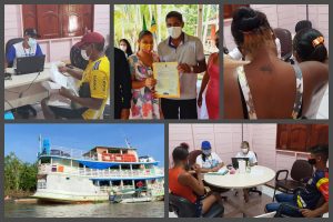 Montagem de fotos com quatro momentos de atendimento da jornada Justiça Itinerante e uma foto do barco do TJAP que leva os profissionais até as comunidades ribeirinhas.