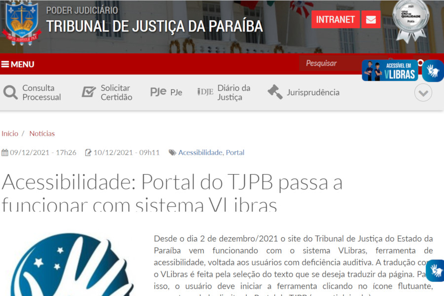 Você está visualizando atualmente Acessibilidade: Portal do TJPB passa a funcionar com sistema VLibras