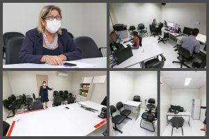 Composição de fotos da chefe de cartório, da equipe trabalhando e das salas de audiência presencial, por videoconferência e de contato das pessoas custodiadas com seus representantes.