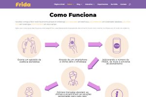 Imagem de tela do site Chame a Frida com a explicação de como a mulher vítima de violência pode acessar a atendente virtual.