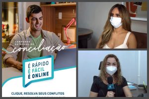 Fotomontagem traz, à esquerda, cartaz da campanha. À direita, acima, foto da defensora pública, e da juíza, abaixo.