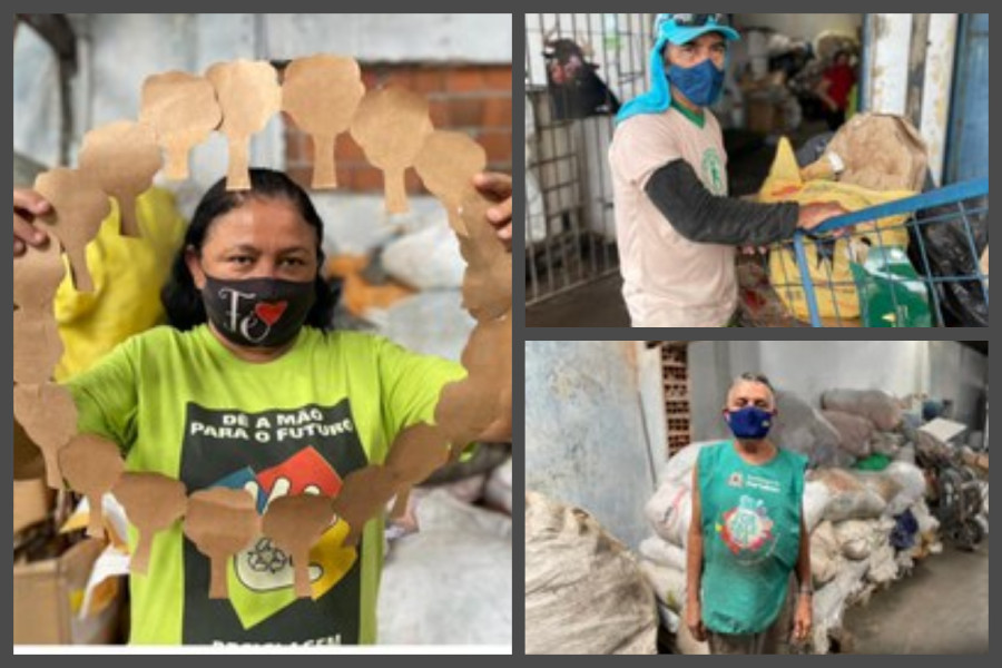 Montagem com fotos de uma mulher e dois homens catadores de material reciclável.