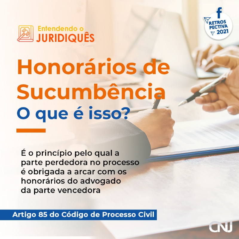 Foto de homem segurando caneta e assinando documento. Texto: Honorário de Sucumbência. O que é isso? É o princípio pelo qual a parte perdedora no processo é obrigada a arcar com os honorários do advogado da parte vencedora. Artigo 85 do Código de Processo Civil. Selo Entendendo o Juridiquês. Retrospectiva 2021.