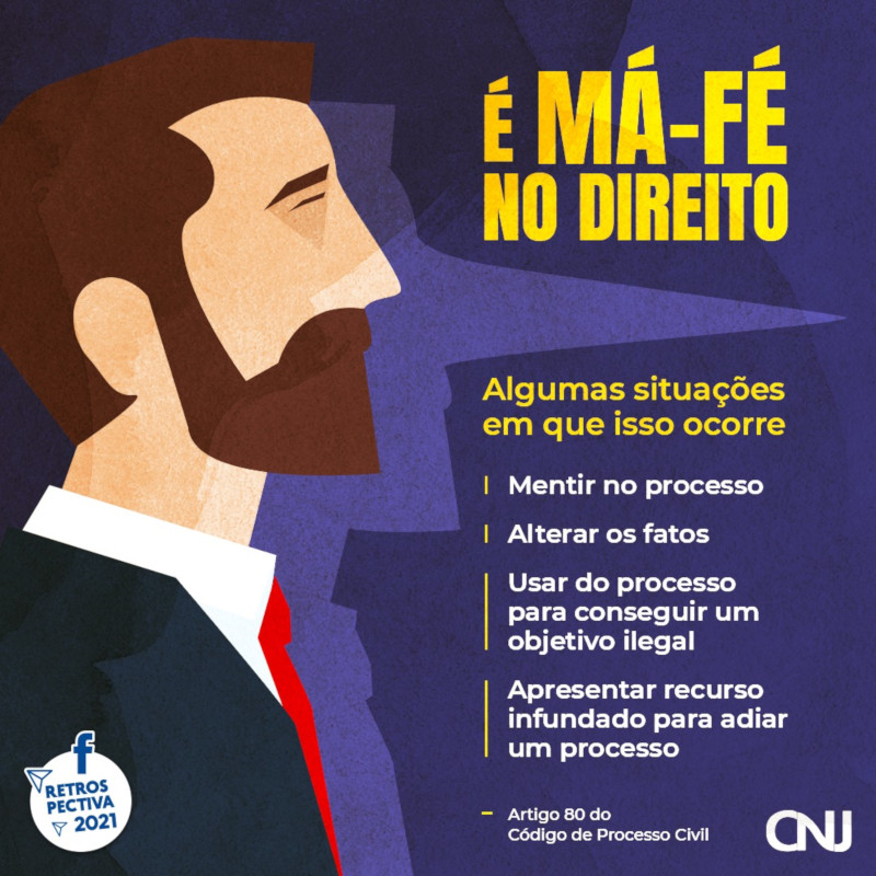 Ilustração do perfil de um homem e sua sombra com o nariz esticado em símbolo de mentira. Texto: É Má-fé no Direito. Situações em que isso ocorre: Mentir no processo; Alterar os fatos; Usar do processo para conseguir um objetivo ilegal; Apresentar recurso infundado para adiar um processo. Artigos 80 do Código de Processo Civil. Retrospectiva 2021.