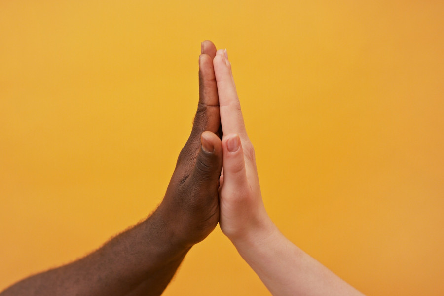 Foto de mãos negra e branca encostadas pela palma significando igualdade.