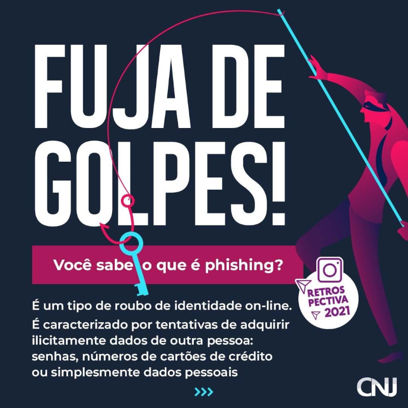 Ilustração de um bandido segurando uma vara de pescar com um anzol. Texto: Fuja de Golpes. Você sabe o que é phishing? É um tipo de roubo de identidade on-line. É caracterizado por tentativas de adquirir ilicitamente dados de outra pessoa: senhas, números de cartões de crédito ou simplesmente dados pessoais. Retrospectiva 2021.