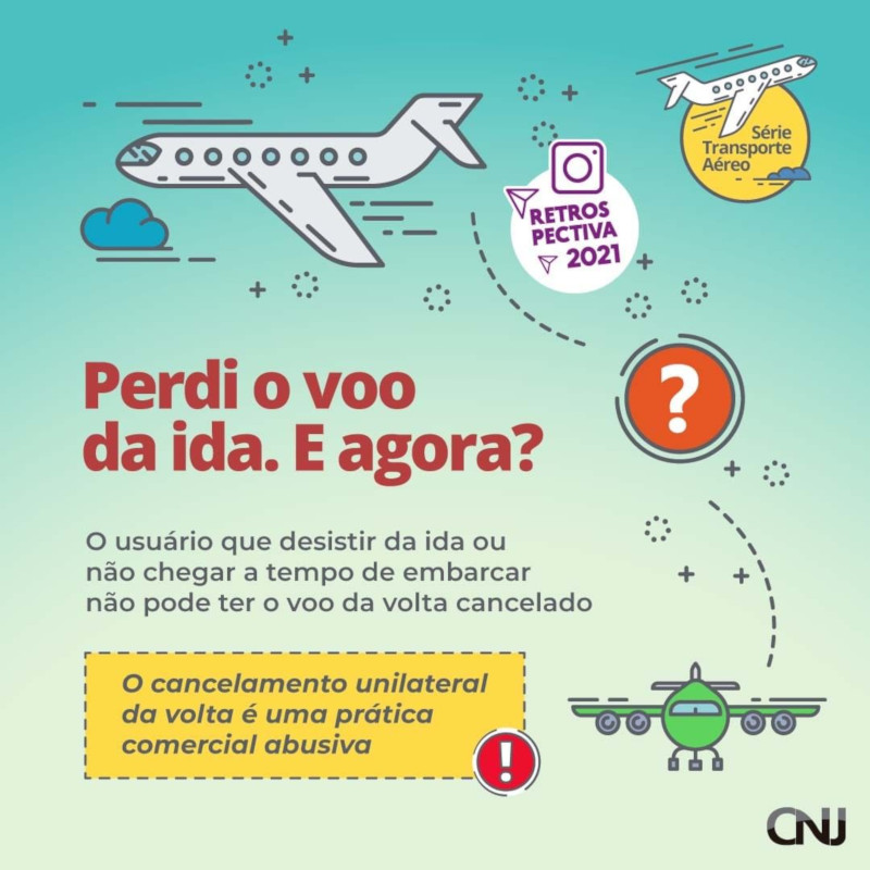 Ilustração de um avião voando e outro parado Texto: O usuário que desistir da ida ou não chegar a tempo de embarcar não pode ter o voo da volta cancelado. O cancelamento unilateral da volta é uma prática comercial abusivaSelo Série Transporte Aéreo. Retrospectiva 2021.
