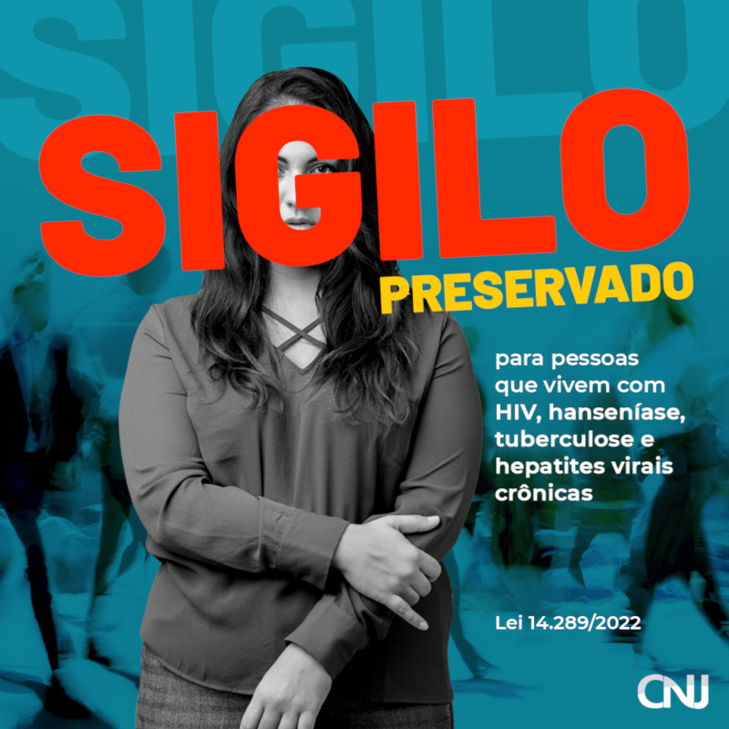 Foto de pessoa em preto e branco com uma das letras da palavra SIGILO escondendo seu rosto. Texto: Sigilo preservado para pessoas que vivem com HIV, hanseníase, tuberculose e hepatites virais crônicas. Lei 14.289/2022.