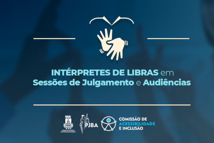 Grafismos em azul. Texto: Intérpretes de Libras em Sessões de Julgamento e Audiências.