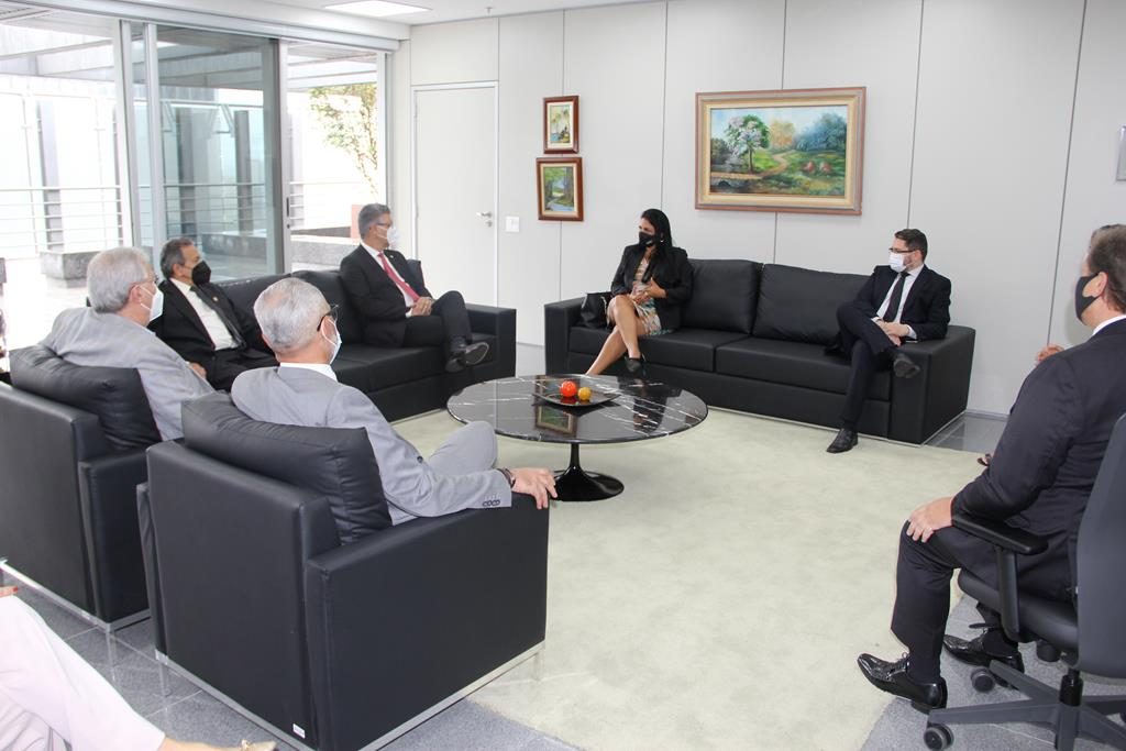 Foto mostra reunião do gabinete da Presidência do TRT18, coim pessoas participantes sentadas em sofás.