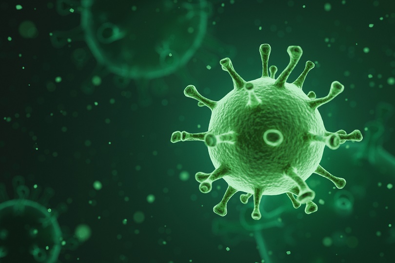 Ilustração, em tons de verde, do novo coronavírus.