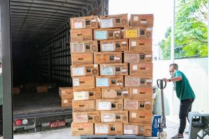 Foto mostra um homem em um depósito, transportando com um carrinho manual 30 caixas de urnas eletrônicas.