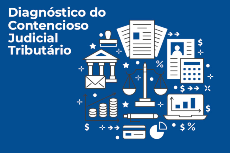 Sobre um fundo azul, diversos ícones brancos. Texto: Diagnóstico do Contencioso Judicial Tributário.