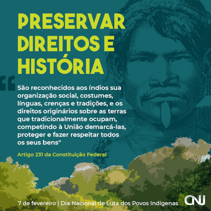 Ilustração do rosto de um índio e vegetação estilizada abaixo. Texto: Preservar direitos e história. São reconhecidos aos índios sua organização social, costumes, línguas, crenças e tradições, e os direitos originários sobre as terras que tradicionalmente ocupam, competindo à União demarcá-las, proteger e fazer respeitar todos os seus bens. Artigo 231 da Constituição Federal. 7 de fevereiro - Dia Nacional de Luta dos Povos Indígenas.