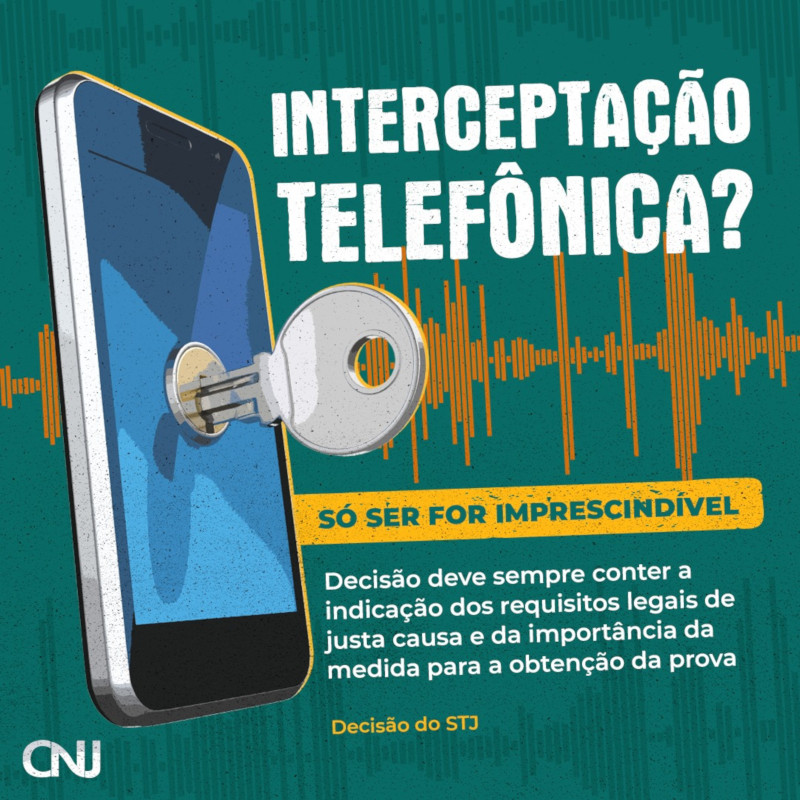 Imagem de um celular com uma fechadura com uma chave encaixada. Ao fundo, linhas que representam ondas sonoras. Texto: Interceptação telefônica? Só ser for imprescindível. Decisão deve sempre conter a indicação dos requisitos legais de justa causa e da importância da medida para a obtenção da prova. Decisão do STJ.