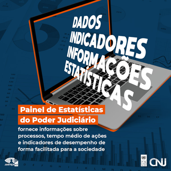 Ao fundo, em tom de azul, imagem de gráficos e tabelas. Em primeiro plano, computador com palavras saindo do monitor. Texto: Dados. Indicadores. Informações. Estatísticas. Painel de Estatísticas do Poder Judiciário vai fornecer informações sobre processos, tempo médio de ações e indicadores de desempenho de forma facilitada para a sociedade.