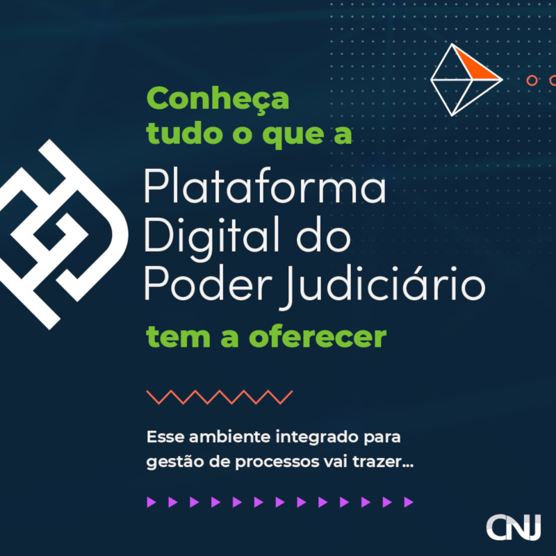 Texto e grafismos geométricos coloridos, sobre fundo azul marinho. Texto: Conheça tudo o que a Plataforma Digital do Poder Judiciário tem a oferecer. Esse ambiente integrado para gestão de processos vai trazer...