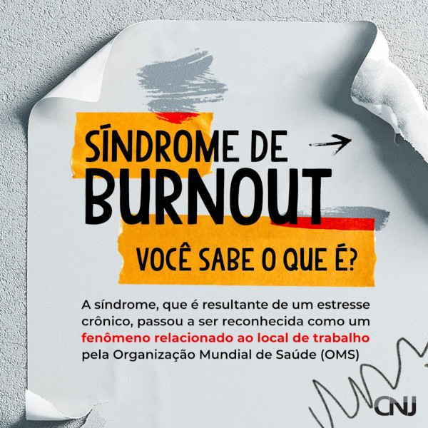 Imagem de papel branco grudado em uma parede branca. Ele está riscado e com as pontas soltas. Há alguns rabiscos em laranja. Texto: Síndrome de Burnout. Você sabe o que é? A síndrome, que é resultante de um estresse crônico, passou a ser reconhecida como um fenômeno relacionado ao local de trabalho pela Organização Mundial de Saúde (OMS).