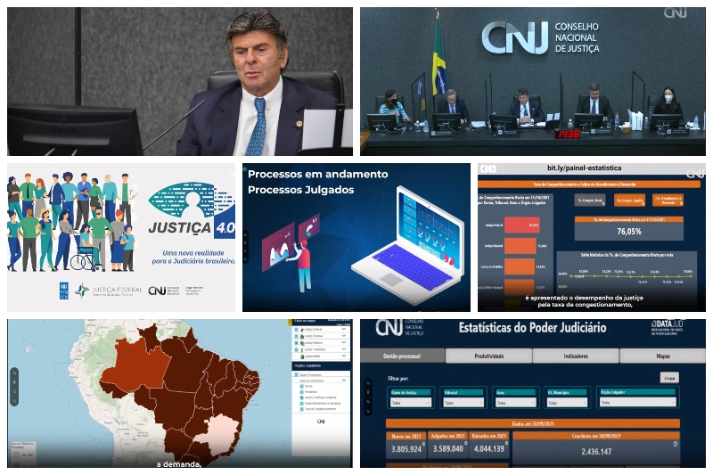 Fotomontagem com diversos momentos do lançamento do Painel de Estatísticas do Poder Judiciário.