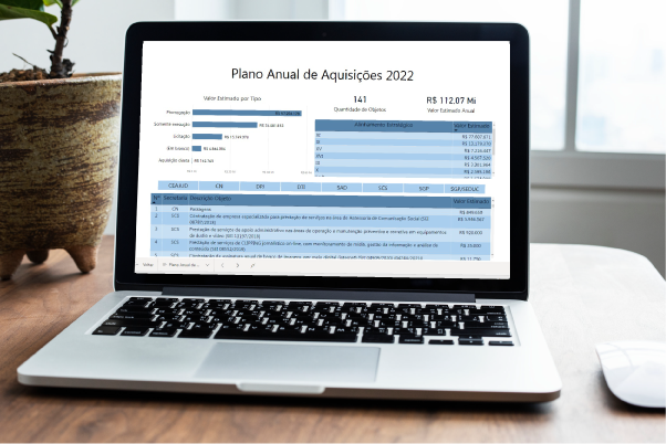 Foto de um notebook aberto em uma mesa. No monitor, tem a tela do painel com o Plano Anual de Aquisições.
