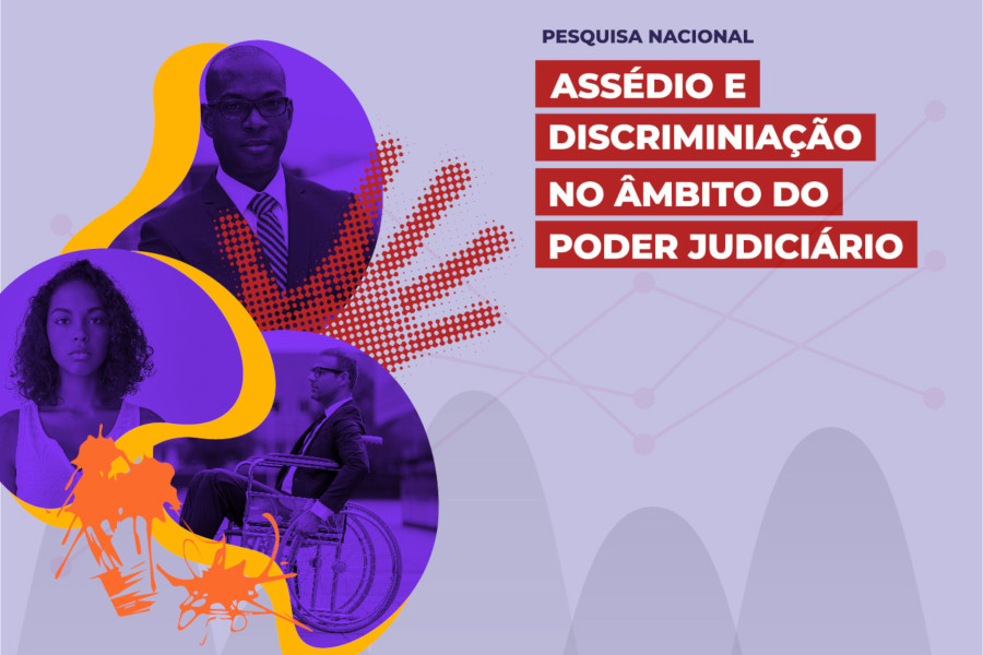 Sobre grafismos, fotos de homem negro, mulher negra e pessoa com deficiência. texto: Pesquisa Nacional Assédio e Discriminação no Âmbito do Poder Judiciário.