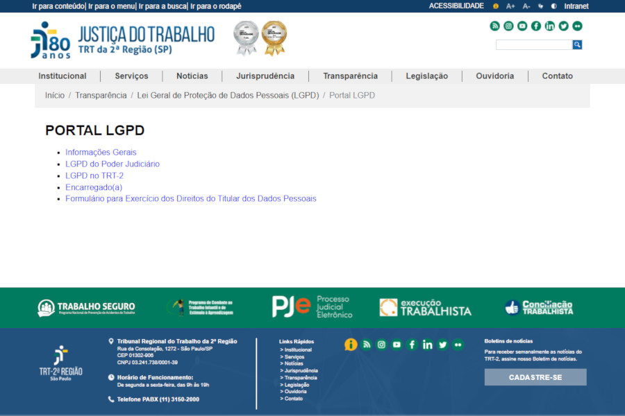 Tela de acesso do Portal LGPD do TRT2.