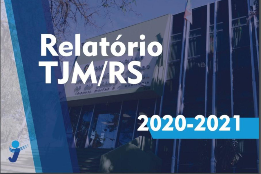 Foto da fachada do TJMRS com filtro azul. Texto: Relatório TJMRS 2020-2021.