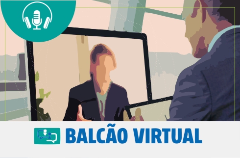 Ilustração de pessoas em videoconferência e texto Balcão Virtual.
