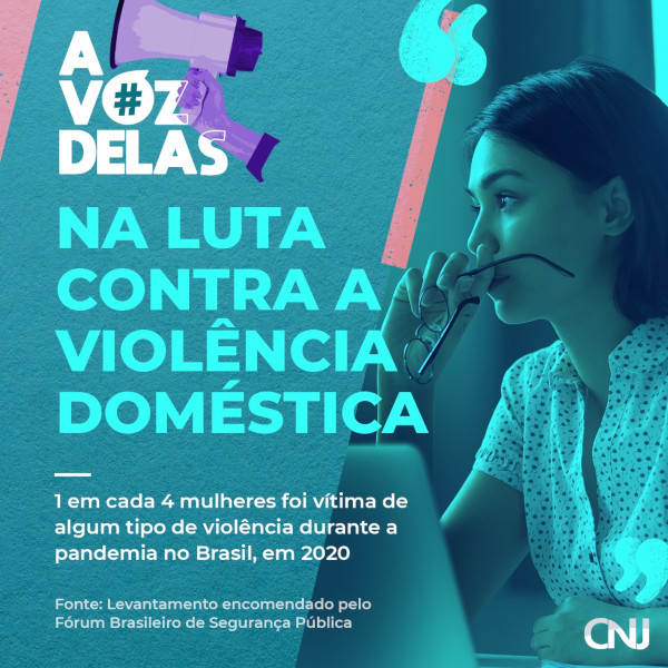 Foto de uma mulher diante o notebook, olhando para o nada com expressão de preocupada. Texto: #AVozDelas na luta contra a violência doméstica. 1 em cada 4 mulheres foi vítima de algum tipo de violência na pandemia no Brasil em 2020. Fonte: Levantamento encomendado pelo Fórum Brasileiro de Segurança Pública.