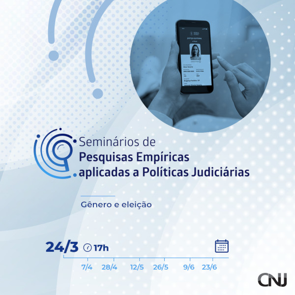 Aparelho celular sendo segurado enquanto apresenta imagem de aplicativo da Justiça Eleitoral. Texto: Seminários de Pesquisa Empíricas aplicadas a Políticas Judiciárias. Gênero e eleição.