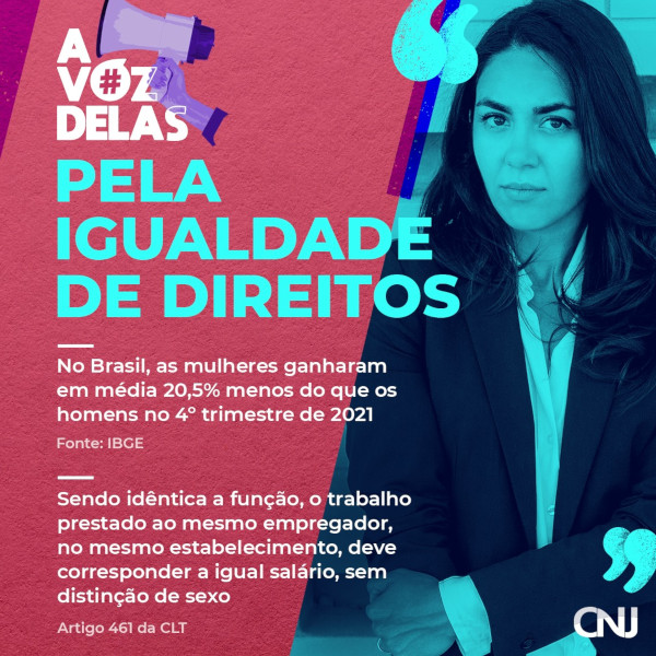 Foto de mulher com expressão séria. Compõem a arte a hashtag #AVozDelas com o megafone e aspas sobre a foto. Texto: #AVozDelas pela igualdade de direitos. No Brasil, as mulheres ganharam em média 20,5% menos do que os homens no 4º trimestre de 2021. Fonte: IBGE. Sendo idêntica a função, o trabalho prestado ao mesmo empregador, no mesmo estabelecimento, deve corresponder a igual salário, sem distinção de sexo. Artigo 461 da CLT.