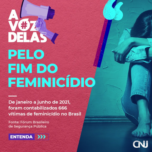 Foto de uma mulher sentada no chão abraçando as próprias pernas com a cabeça entre elas. Compõem a arte a hashtag #AVozDelas com o megafone e aspas sobre a foto. Texto: A Voz delas pelo fim do feminicídio. De janeiro a junho de 2021, foram contabilizados 666 vítimas de feminicídio no Brasil. Fonte: Fórum Brasileiro de Segurança Pública.