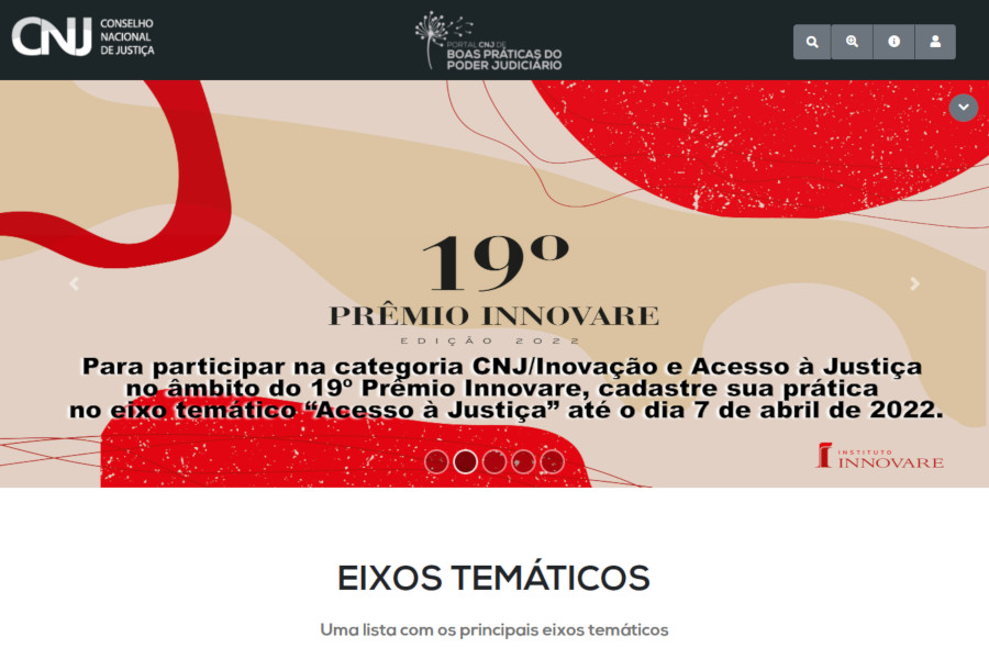 Tela principal do Portal de Boas Práticas do Judiciário em 16 de março de 2022.