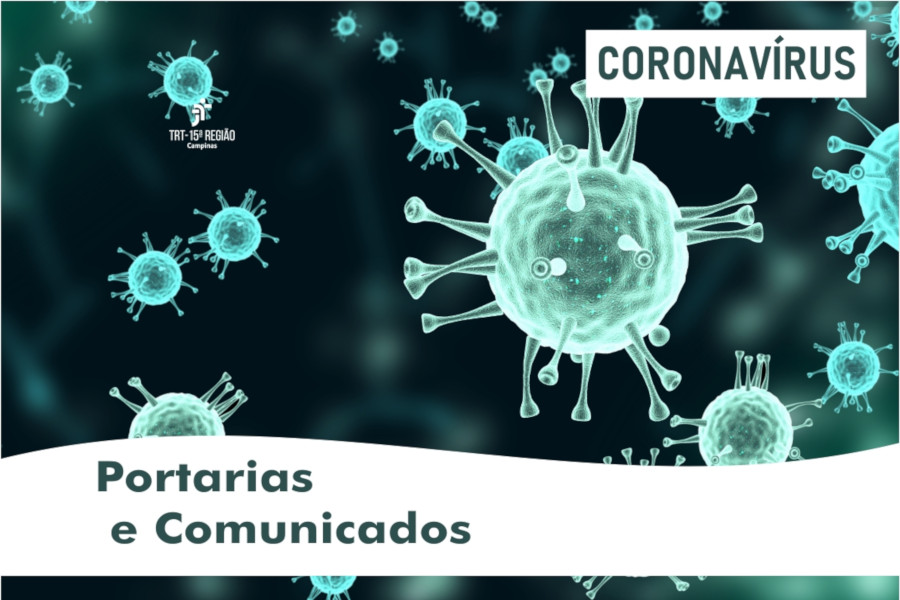 Ilustração em verde dos vírus Sars-Cov2. Texto: Coronavírus. Portarias e Comunicados.