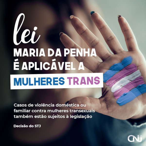 Foto de uma mulher trans com a palma da mão estendida para frente em sinal de "pare". Na palma da mão, pintura com as cores da bandeira trans (azul, rosa e branco). Texto: Lei Maria da Penha é aplicável a mulheres trans. Casos de violência doméstica ou familiar contra mulheres transexuais também estão sujeitos à legislação. Decisão do STJ.