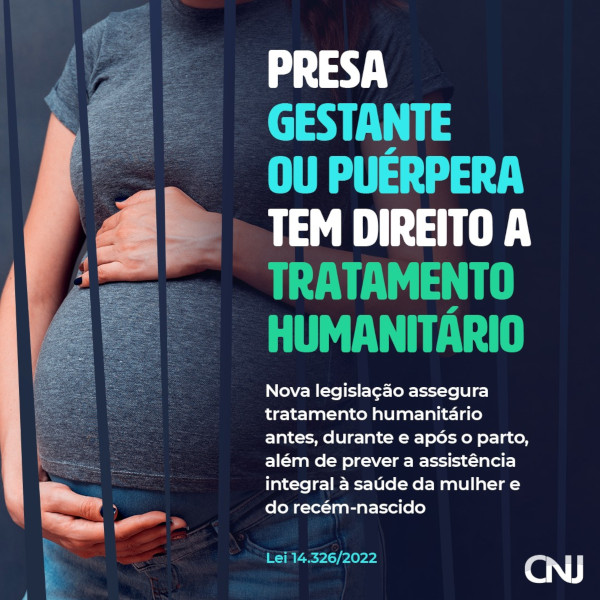 Foto de uma mulher grávida acariciando a própria barriga. Linhas a sua frente simulam grades de uma prisão. Texto: Presa gestante ou puérpera tem direito a tratamento humanitário. Nova legislação assegura tratamento humanitário antes, durante e após o parto, além de prever a assistência integral à saúde da mulher e do recém-nascido. Lei 14.326/2022.