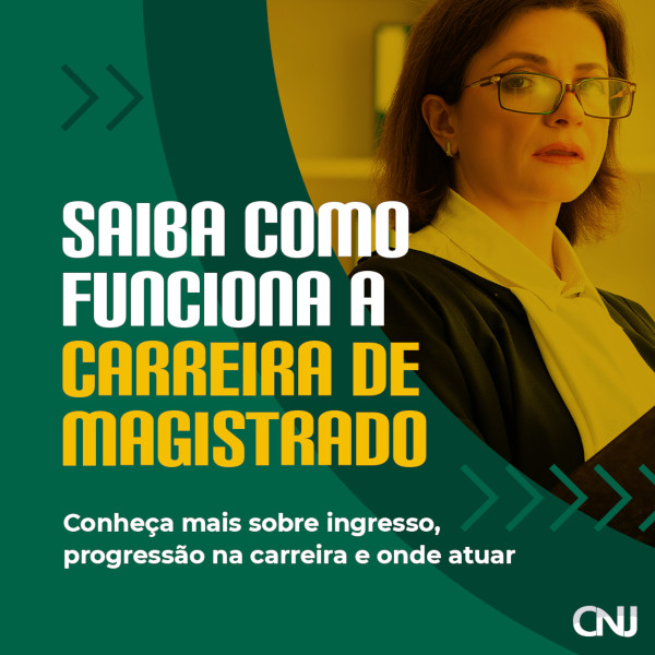 Formas circulares e foto de juíza. Texto: Saiba como funciona a carreira de magistrado. Conheça mais sobre ingresso, progressão na carreira e onde atuar.