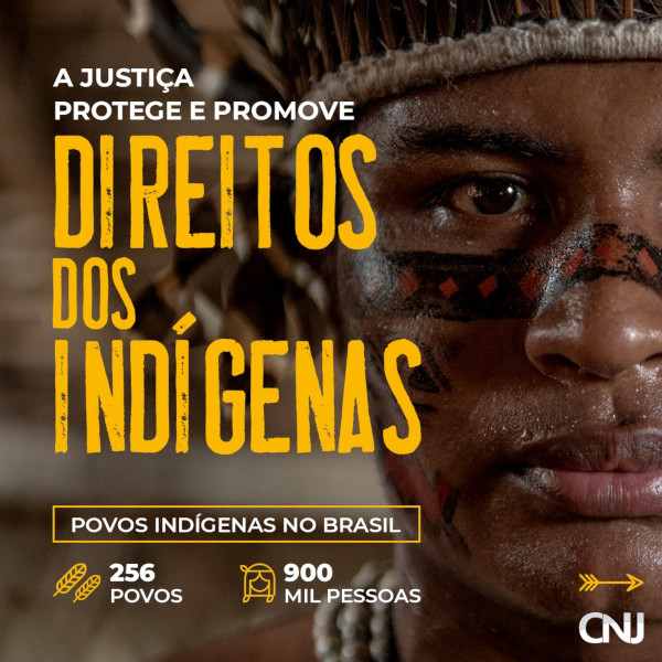 Foto da metade do rosto de um índio. Ícones de penas e índio. Texto: justiça atuando pela proteção e promoção: Direitos dos indígenas. Povos indígenas no Brasil. 256 povos. 900 mil pessoas.