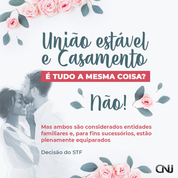 Imagem de rosas e folhas saindo da área do card e foto de casal com roupa de casamento. Texto: União estável e Casamento. É tudo a mesma coisa? Não! Mas ambos são considerados entidades familiares e, para fins sucessórios, estão plenamente equiparados. Decisão do STF.