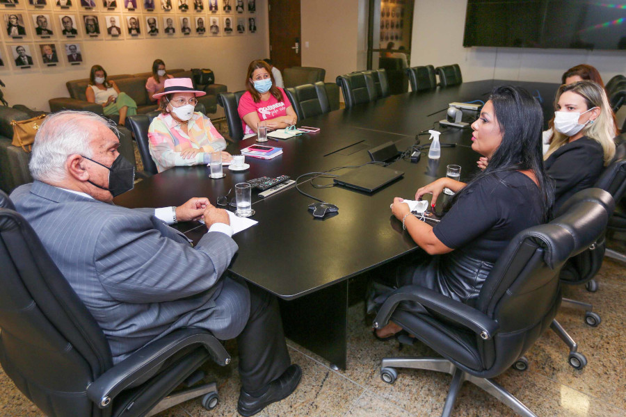 Foto, em sala do TJAL, de momento da reunião com as pessoas sentadas em volta de uma mesa, conversando.