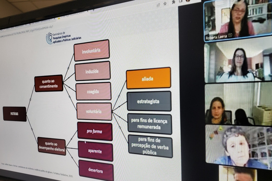 Foto de tela de computador com momento do seminário por videoconferência, com a imagem principal com informações de uma das pesquisas apresentadas e, ao lado, rostos de pessoas participantes.
