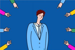 Ilustração de um homem usando terno, cabisbaixo. Em volta dele, diversas mãos apontando o dedo indicador.