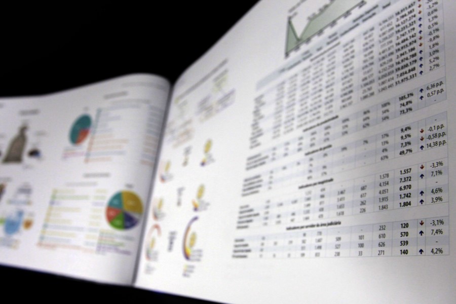 Foto mostra duas página de um relatório estatístico com gráficos e tabelas.