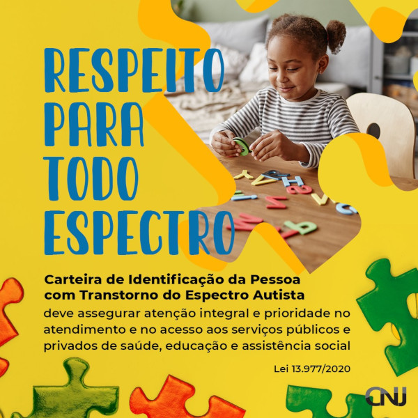 Ao redor do espaço do card, imagem de várias peças de um quebra-cabeça. Na parte superior, foto de uma menina brincando com letras do alfabeto. A foto encontra-se dentro de forma de quebra-cabeça. Texto: Respeito para todo Espectro. Carteira de Identificação da Pessoa com Transtorno do Espectro Autista deve assegurar atenção integral e prioridade no atendimento e no acesso aos serviços públicos e privados de saúde, educação e assistência social. Lei 13.977/2020.